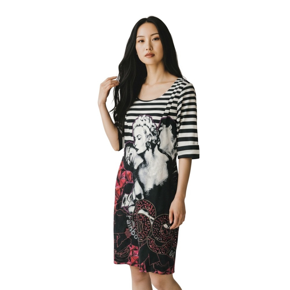Desigual Rainbow‎ Graphic Portrait Striped Sequin Sheath Dress Black Pink Size M